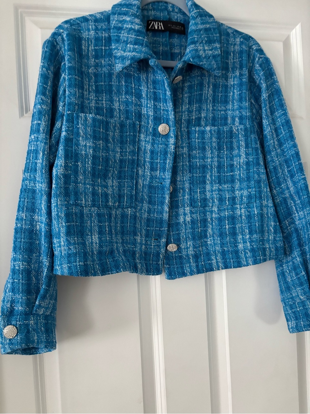 Zara Turquoise Blue Tweed Button Cropped Jacket